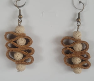 Leather and lava stones spiral earrings